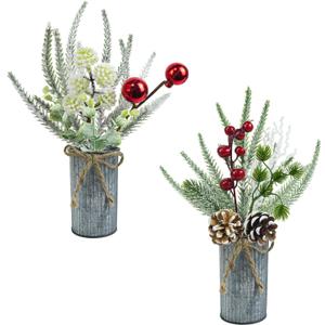 2 Pcs Small Christmas Floral Arrangement 13'' Xmas Artificial Farmhouse Mini Plants Fake Christmas Berry Stem Picks with Metal Pot for Holiday Home Centerpieces Table Decor