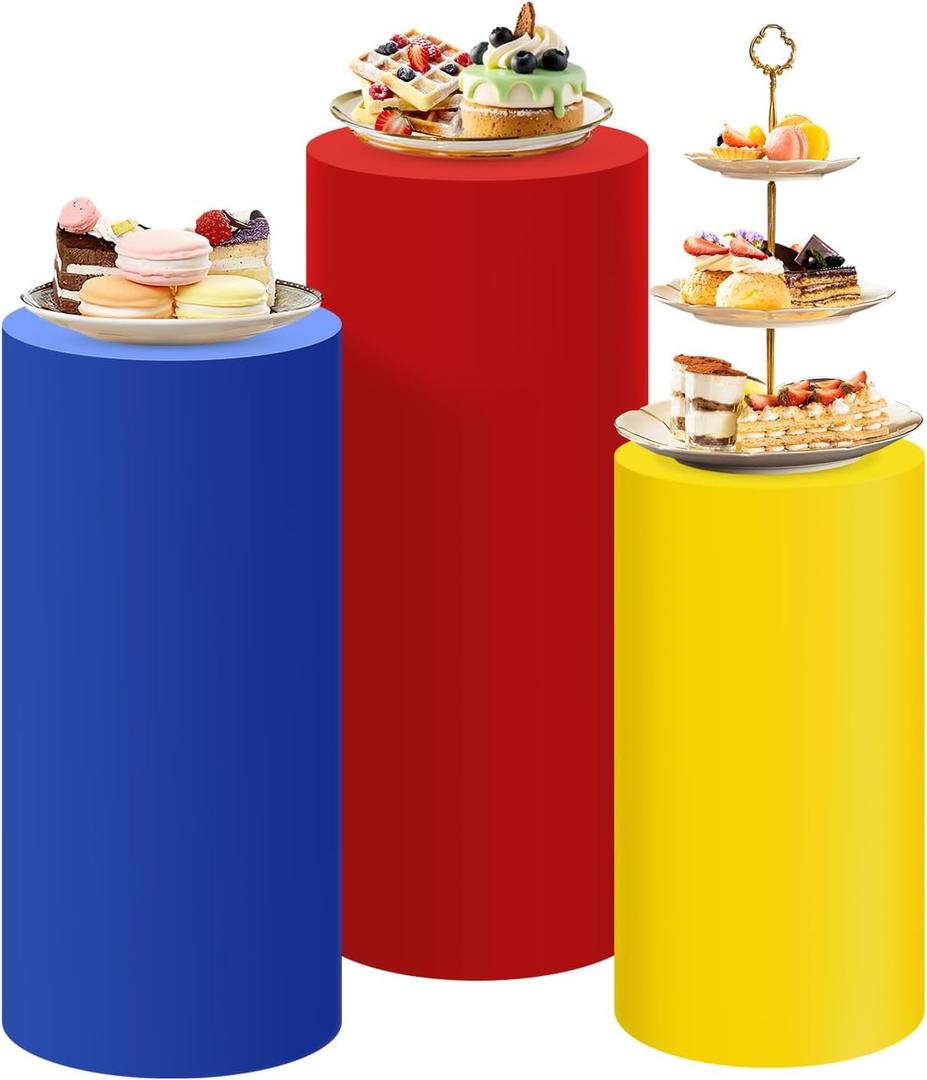 SaitiMade Set of 3 Red Yellow Blue Cylinder Pedestal Stand Covers, 3pcs Spandex Mixed Colors Cylinder Stand Covers for Party, Wedding or Birthday Event Decor (Only Contains Colorful Cylinder Covers)
