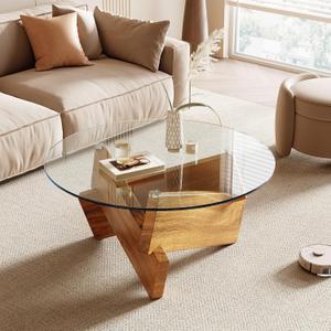 Honyee Modern Round Coffee Table, 30.7" x 30.7" x 16.1" Tempered Glass Top for Living Room, Color: Natural Wood