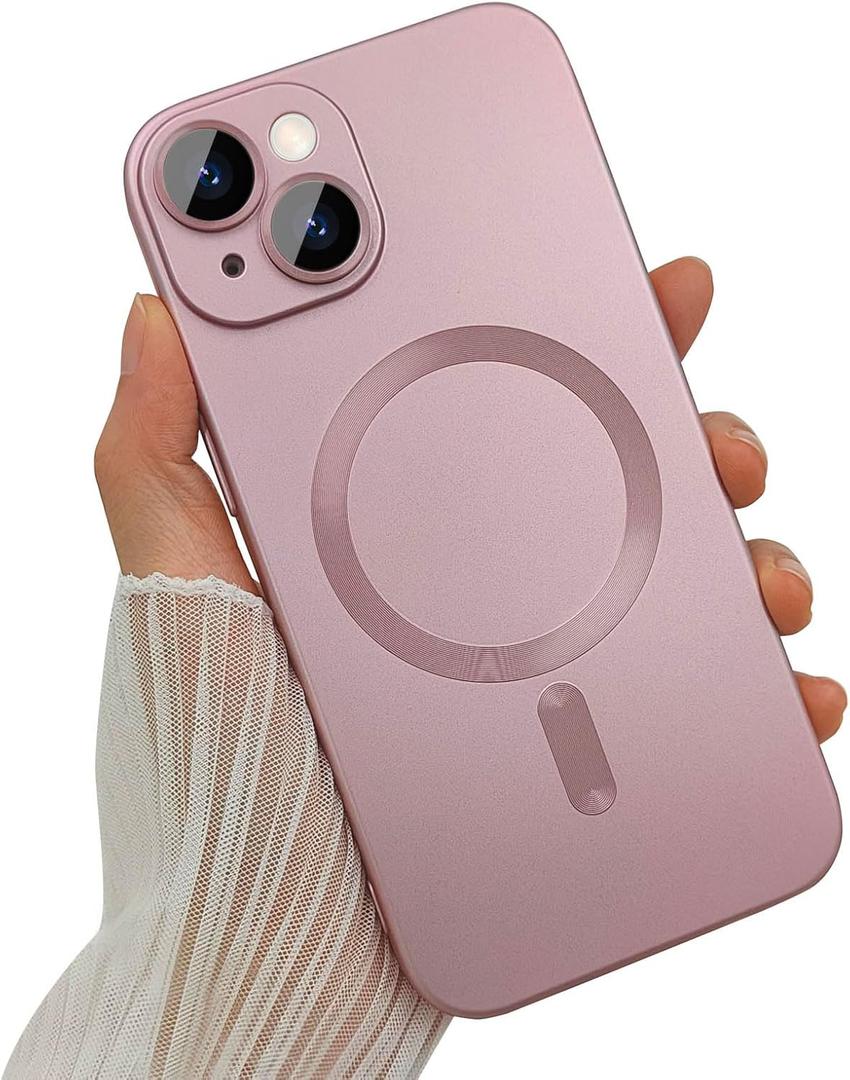 Magnetic Case for iPhone 14 Plus Phone Case for Women, Shockproof Matte Luxury Soft Metallic Luster Design with Camera Lens Protector, Compatible with Magsafe for iPhone 14 Plus 6.7"-Pink
