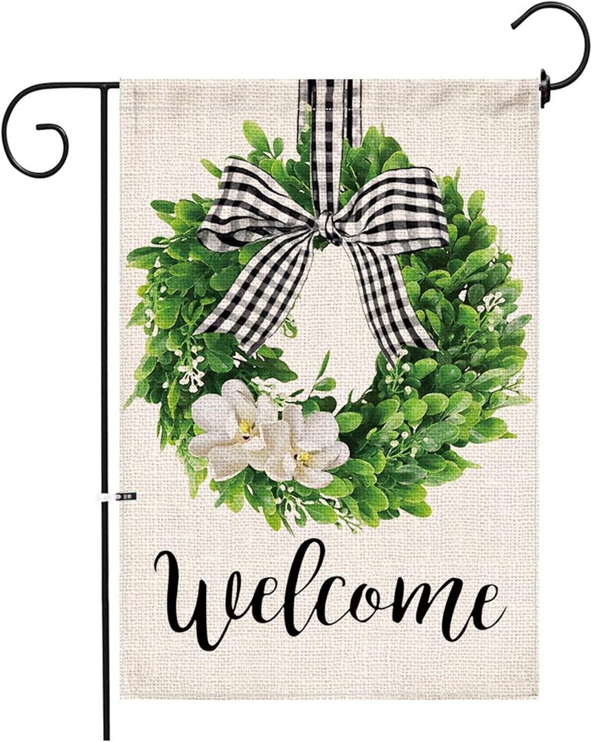 Hexagram Summer Welcome Garden Flag 12x18 Inch Outside, Mailbox Decor, Seasonal Outdoor Burlap Double Sided Summer Spring Flags for Outside, Boxwood Wreath Buffalo Plaid Yard Farmhouse Flag Decoration