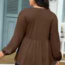 AlvaQ Plus Size Babydoll Tops for Women Dressy Tendy Long Sleeve Crewneck Bow Tie Front Peplum Blouse Shirts,Coffee 1X