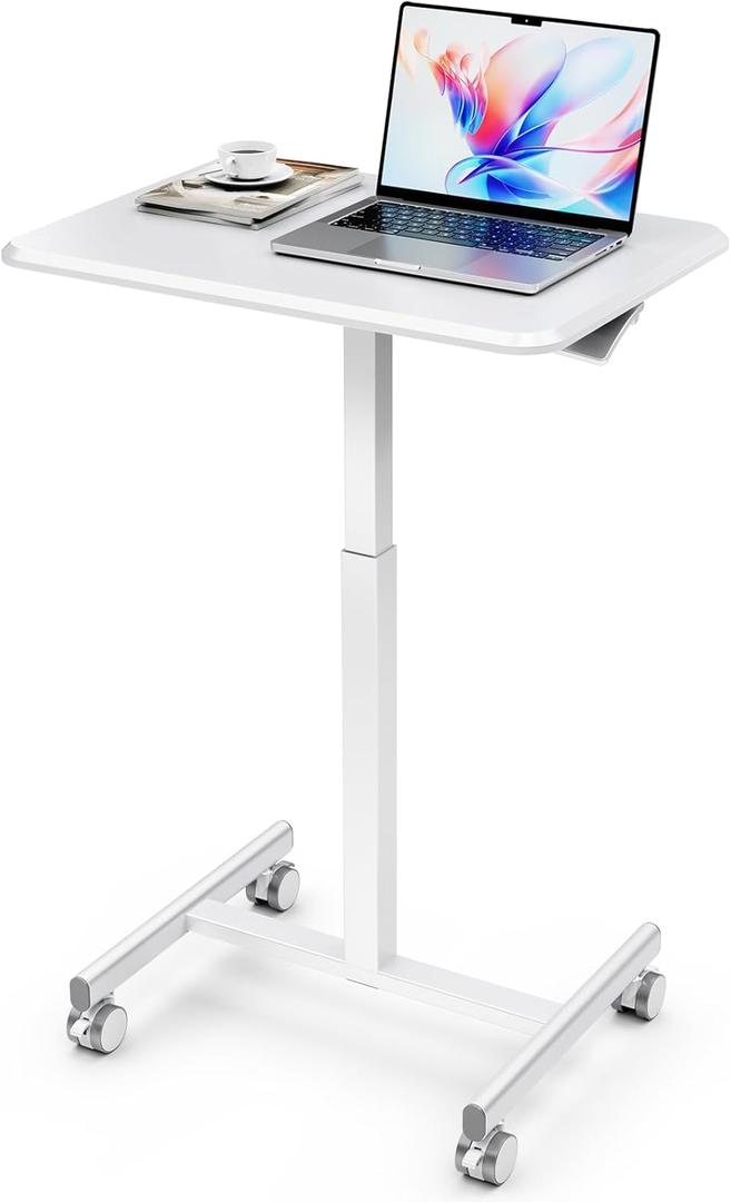 Simple Deluxe Standing Desk Small Rolling Desk with Lockable Wheels, Mobile Stand Up Desk Adjustable Height, Portable Laptop Desk, Small Computer Standing Table Sit Stand White
