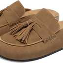 Faux Suede Mules for Women Tassel Flat Loafers Comfort Clog Mules Slip on Round Toe Casual Boat Slippers Shoes (9, Tan)