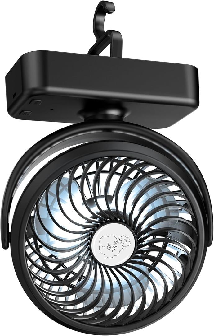 Portable Camping Fan, Small Tent Fan with Hanging Hook, 40 Working Hours Rechargeable USB Battery Fan with LED Lights for Desk, Bedroom, Travel & Emergency Kit (5.5")