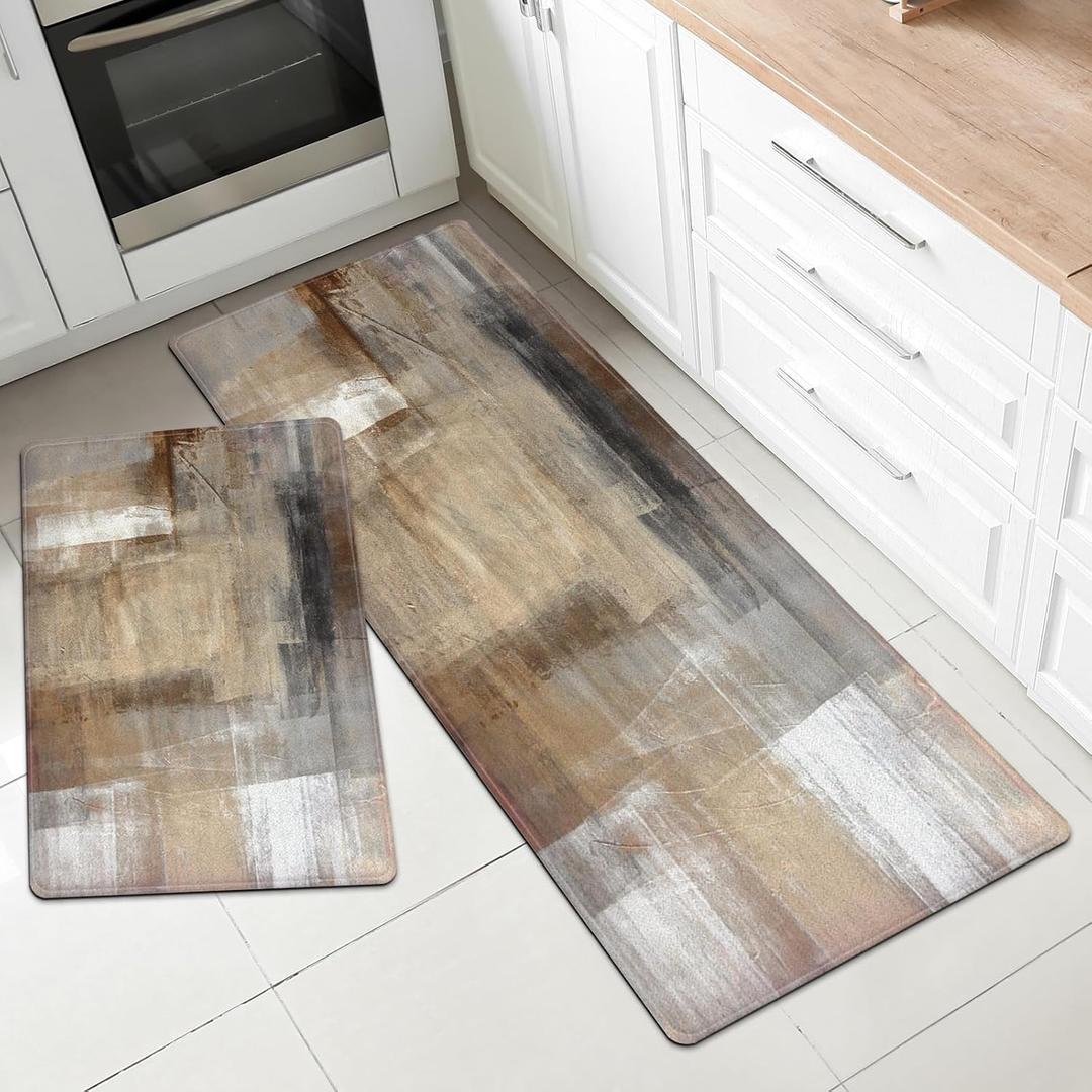 MAYHMYO Kitchen Mat for Floor Brown Black Beige Kitchen Rugs and Mats Non Skid Washable 17"X48"+17"X24" Set of 2 Abstract Art Kitchen Floor Rugs Mats for Dining Room Floor Home Sink Laundry (Brown-white)