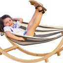 FUNLIO Wooden Rocking Chair for Kids 3-5 Years, Premium Solid Wood Kids Hammock Chair Stand, Wider & Longer Hammock Cloth with Stable Structure, 110lbs Capacity, CPC Certified