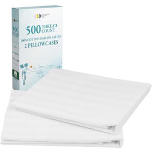 CALIFORNIA DESIGN DEN Soft & Silky 500 Thread Count 100% Cotton is Cool & Smooth, 2 White Standard Pillow Cases Fits Standard & Queen Pillows (Damask Stripe - Pure White)