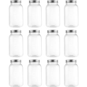 novelinks 32 OZ Clear Plastic Mason Jars with Lids - Dishwasher Safe Plastic Mason Jars 32 OZ Plastic Jars with Lids for Kitchen & Household Storage (12 Pack) (Silver)