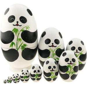Winterworm Cute Animal Theme Black and White Panda Egg Shape Wooden Handmade Nesting Dolls Matryoshka Dolls Set 10 Pieces for Kids Toy Birthday Home Kids Room Decoration