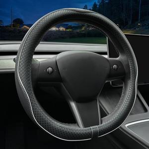 LKWLIKEI Nappa Leather Ultra-Thin Steering Wheel Cover, for Tesla Model 3/Y Steering Wheel Cover, Non-Slip Design and Interior Modification of car Accessories. (Black and White)