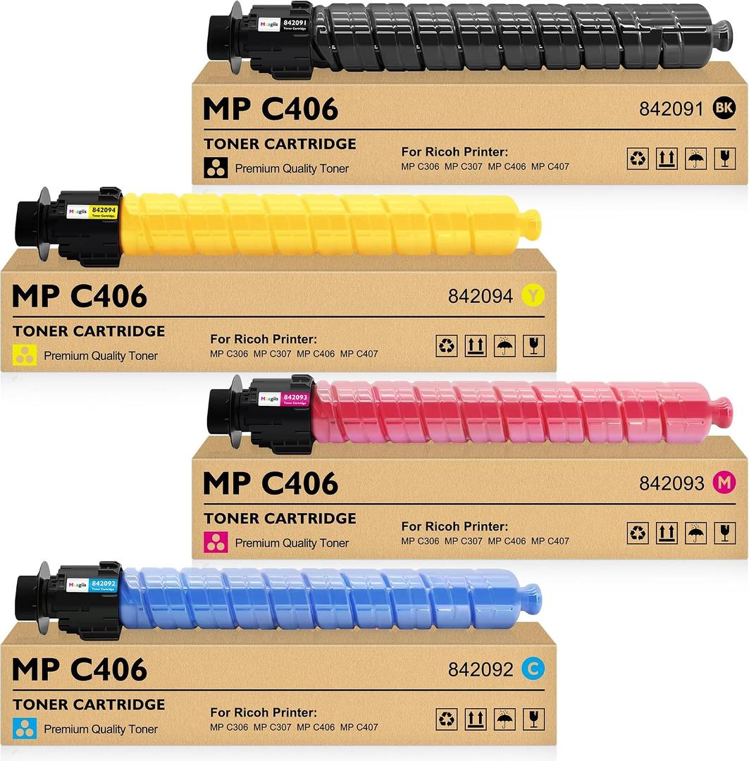 MP C306 MP C307 MP C406 MP C407 Toner Cartridge 4 Pack Compatible for Ricoh | Replacement for Ricoh 842091 842092 842093 842094 Toner for MP C306 C307 C406 C407 Printer Ink (Black, Cyan, Magenta, Yellow)