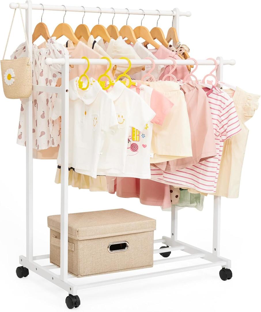 Kids Clothing Rack Bamboo with 2 Hanging Rods and 4 Hooks, Kid Dress Up Holder on Wheels, Small Child Garment Hanger for Playroom, Toddlers Bedroom (White)
