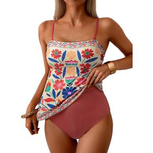 Dokotoo Women's Boho Floral Tankini Set Two Piece Swimsuits Flowy Vintage Beachwear (M)