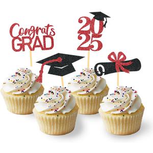 24Pcs Graduation Cupcake Toppers, Graduation Cupcake Picks for Cupcake Food Decorations - Class of 2025 Cupcake Toppers Supplies (Red)