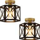Black Gold Flush Mount Ceiling Light Fixtures, Farmhouse Ceiling Lights with Hexagonal Metal Cage, Modern Close to Ceiling Lamp, Small Chandelier for Kitchen Hallway Porch Bedroom, 2 Pack