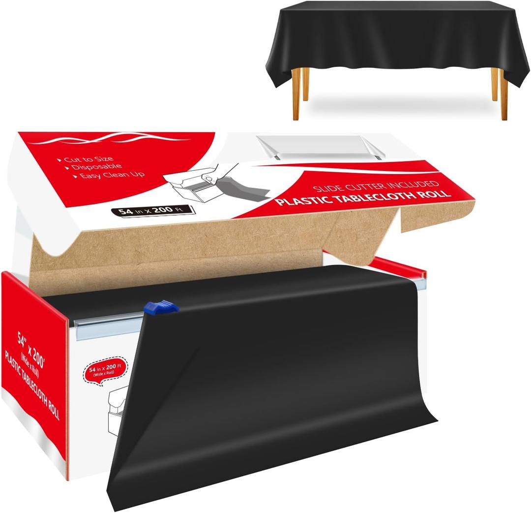 54 Inch x 200 Feet Black Plastic Tablecloth Roll Cut to Size Disposable Table Cover with Cutter Box Plastic Table Cloth for Party, Wedding, Birthday