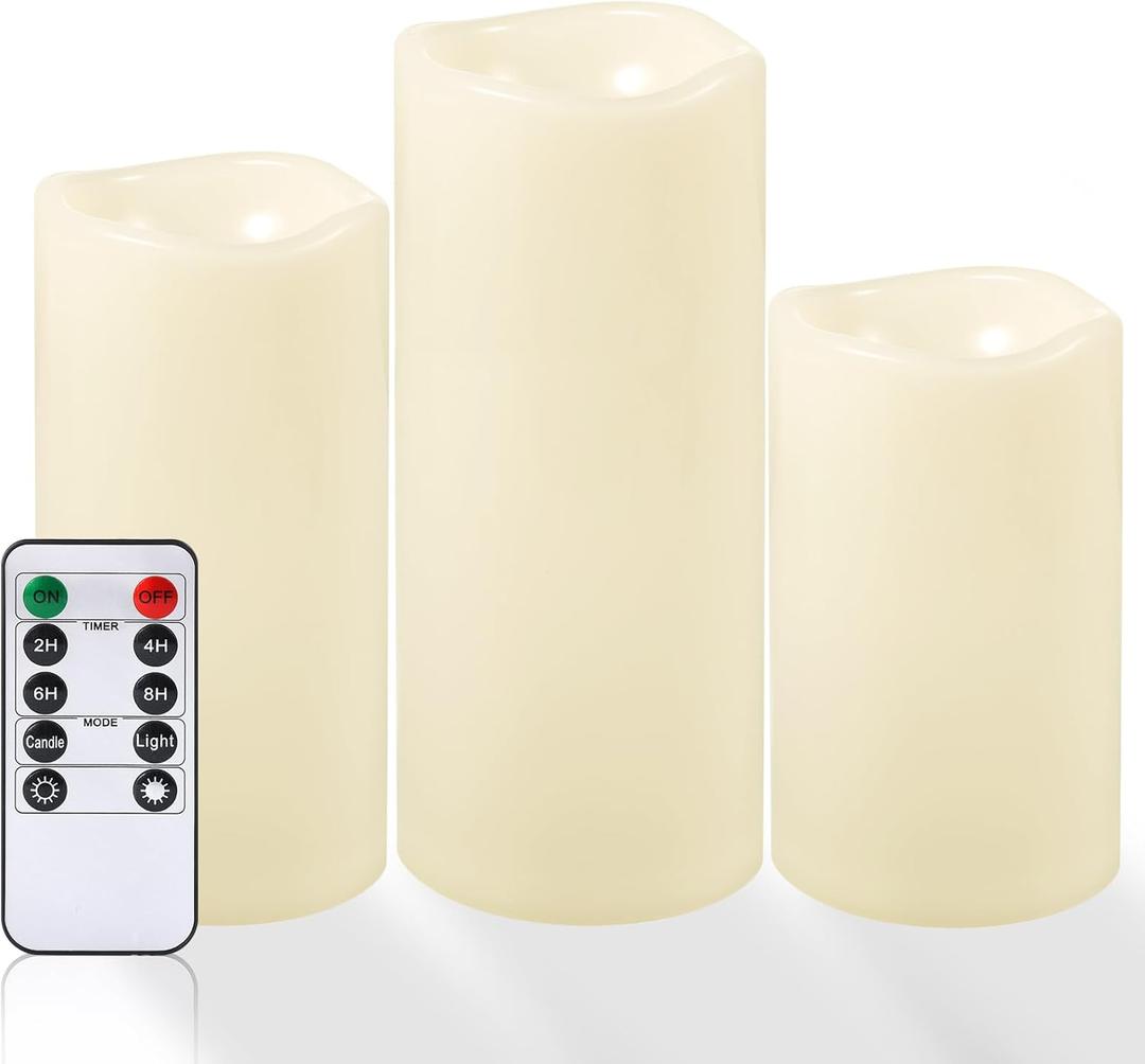 NURADA Large Waterproof Flameless Candles 6" 8" 10" x 4" - Outdoor Indoor LED Pillar Flickering Candle Battery Operated with Timer Remote for Patio Porch Lanterns - Ivory White Set of 3