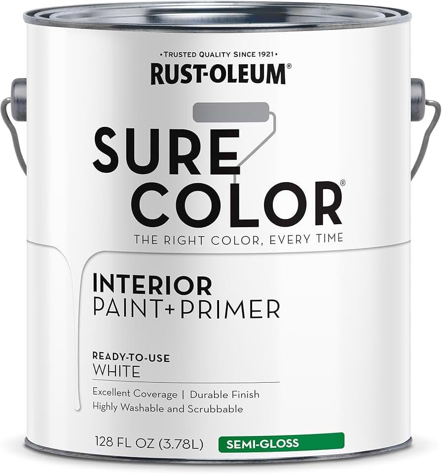 Rust-Oleum 380227 White Sure Color Interior Paint + Primer, Semi-Gloss, 1 Gal
