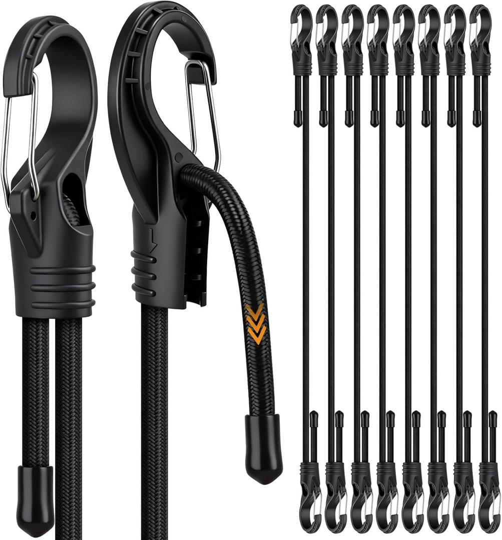 8-Piece 48-inch Adjustable Bungee Cords with Hooks, Heavy Duty Outdoor Carabiner Bungee Straps, Easily Adjust from 7" to 48", Black Super Elastic Cord for Cargo, Camping, Bike Racks, Tents