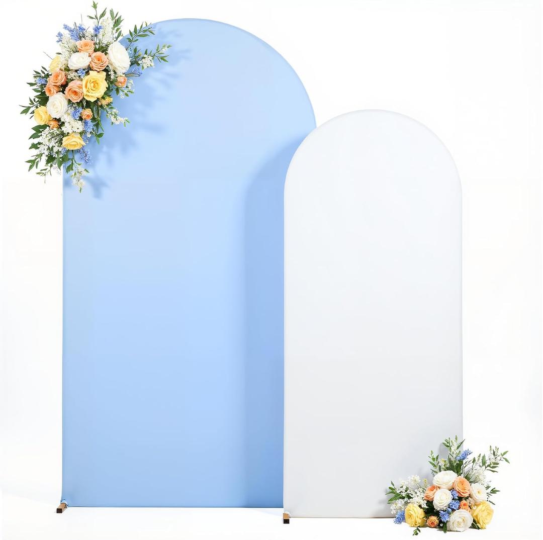 7.2FT 6FT Arch Backdrop Cover for Wedding, Set of 2 Stretchy Spandex Fitted Arch Stand Cover for Baby Shower, Birthday Party Decor, Chiara Backdrop Cover with Double-Sided Design(White, Blue)