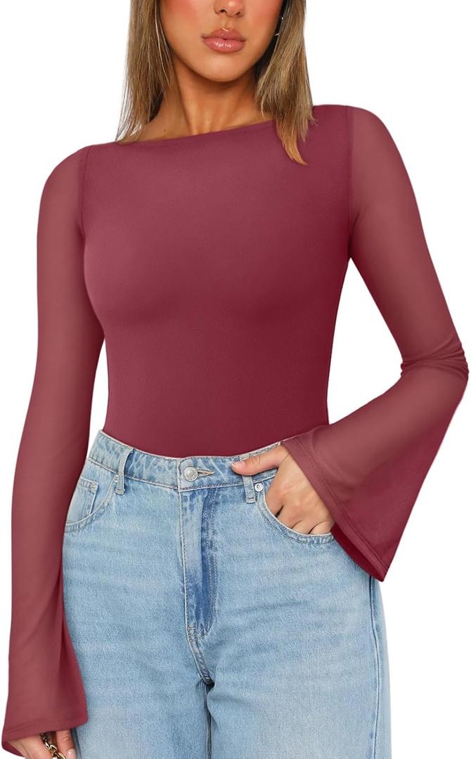 REORIA Women's Trendy Sexy Boat Neck Bell Sleeve Sheer Mesh Going Out Bodysuit Tops, 2XL