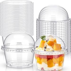 Vesici 150 Pcs 8 oz Disposable Clear Cups with Dome Lids Dessert Cup Disposable Parfait Clear Plastic Snack Bowls Ice Cream Cake Fruit Cups for Summer Party Wedding Picnic Iced Cold Drink