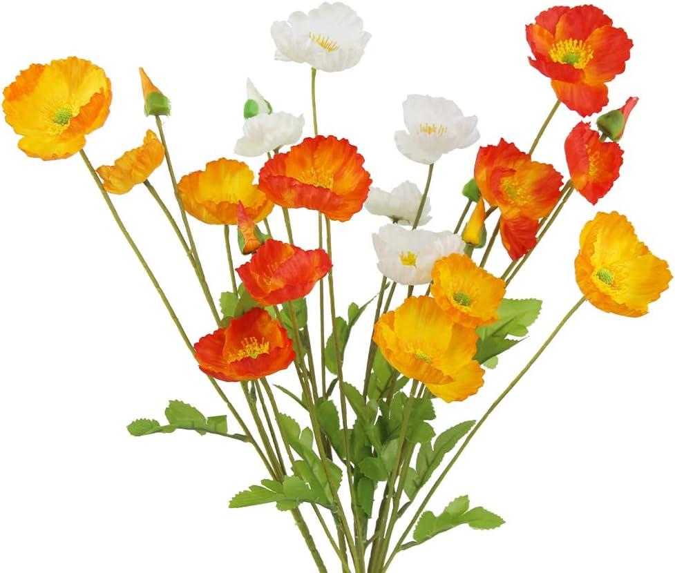 CISDUEO 6 Pcs Artificial Poppy Flowers Silk Flower Poppy with Stems Real Touch Faux Poppy Spring Flowers for Home Kitchen Wedding Decorations Floral Arrangement Table Centerpiece (Orange, Yellow, White)