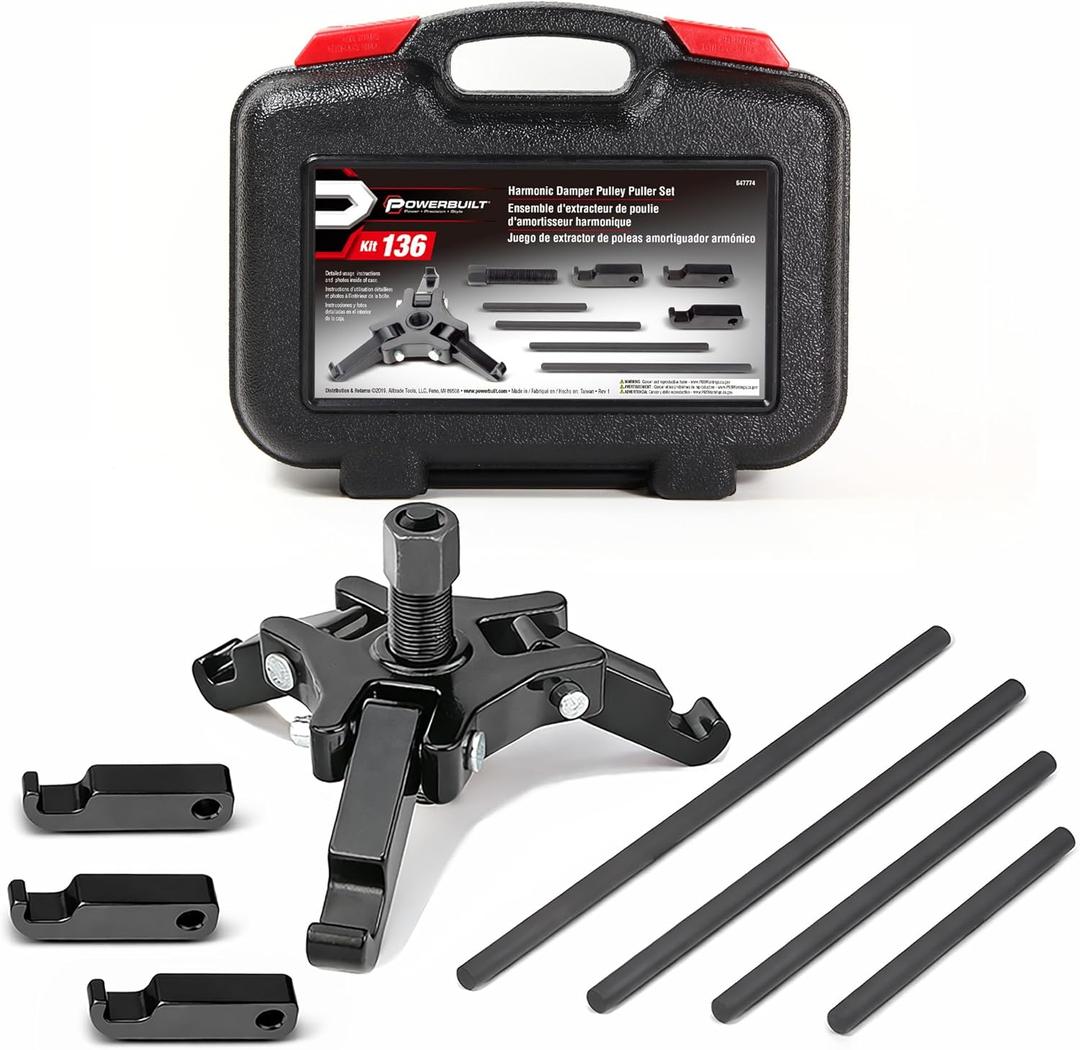 Powerbuilt Harmonic Balancer Puller Set, Adjustable 3 jaw press on Crank Balancer Puller works with most late model cars and trucks in engine compartments without radiator removal - 647774