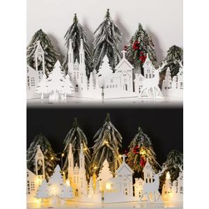 32 Inch Christmas Tabletop Decoration Wooden Christmas Themed White Church Xmas Tree and Elk Signs Farmhouse Centerpiece Decor for Home Kitchen Table Shelf Decor
