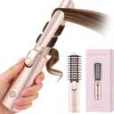 Cordless Hair Curling Iron Brush, 3-in-1 Portable Hair Curler for Travel, 7000mAh USB Rechargeable Straightener Wand, 200 Million Negative Ions, Mini Curling Tool with Safety Lock, Pink