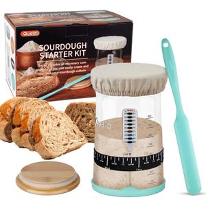 Sourdough Starter Glass Jar - with Cloth and Stainless Cover for Sourdough Bread Starter, Spatula, Feeding Day Band and Thermometer - Resting Sourdough Kit for Bread Making and Baking Supplies
