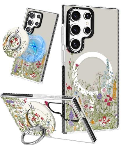 Lotadilo Cute Case for Samsung Galaxy S25 Ultra for Women Girls - Funny Wild Floral Design Compatible with Magsafe Magnetic Ring Holder Kickstand Fashion TPU Phone Covers