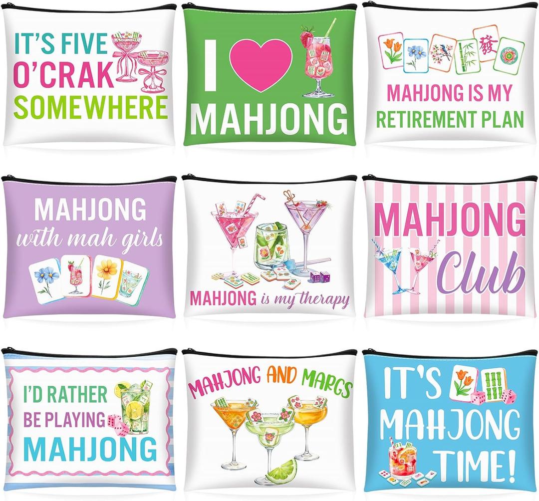 SilTriangle 9 Pcs Mahjong Cosmetic Bag Gifts for Women Mahjong Makeup Bag Mah Jong Zippered Pouch for Lover Player Mothers Birthday Party Lucky Mah Jong Gift Coquette Accessories (Styles 1)