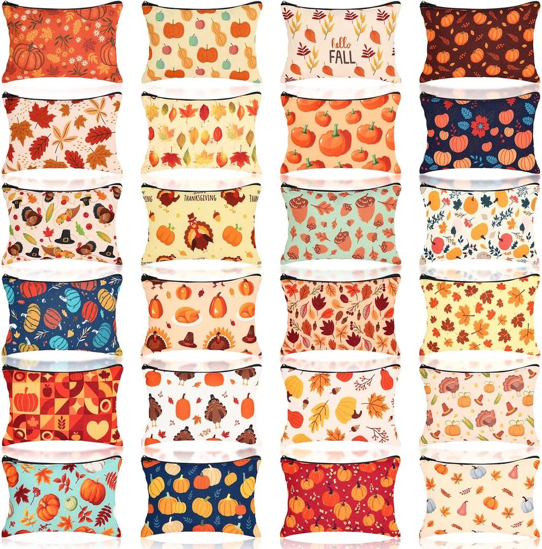 Meanplan 24 Pcs Thanksgiving Day Makeup Bags Bulk Fall Cosmetic Bag Pumpkin Maple Leaf Turkey Autumn Gift Pouch Portable Storage Zipper Pouch Travel Purse Toiletry Organizer Party Favor(Thanksgiving)