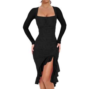 BORIFLORS Women's Sexy Ruched Bodycon Midi Dresses Elegant Mesh Long Sleeve Square Neck Ruffle Hem Cocktail Party Dress (Black)