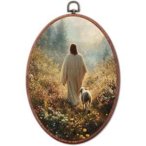 Jinhaichen Vintage Jesus and Lamb Oval Wall Art Framed, Christ Christian Religious Oval Wall Decor, Spiritual Faith Gift Hanging Canvas Prints for Bedroom Living Room Decoration, 8.6x11.4 Inch