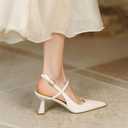 Womens Low Kitten Heel Closed Pointed Toe Slingback Pumps Heels Slip On Heeled Sandals Dress Shoes (Beige)