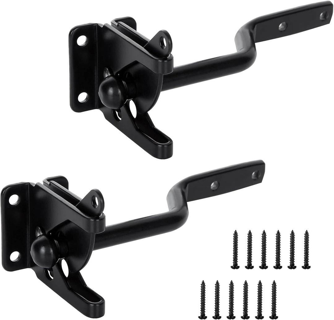 RHBLME 2 Pack Gate Latch for Wooden Fence, Gravity Self Locking Black Door Lock Heavy Duty Wood Metal Door Hardware Kit Stainless Steel Latches Automatic Closing for Outdoor Garden Yard Pool
