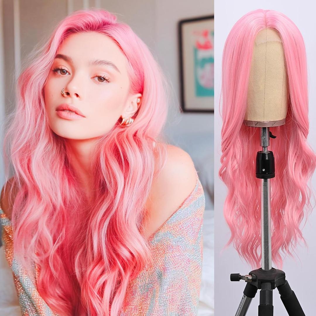 Long Pink Wig for Women Middle Part Pink Wavy Wigs Natural Looking Synthetic Heat Resistant Fiber Wigs for Halloween Costumes Cosplay Daily Use(26 Inch)