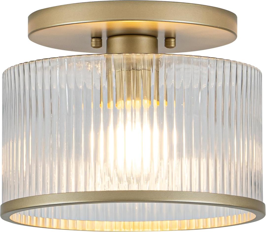 Glass Ceiling Light, Clear Ribbed Glass Ceiling Light Fixture with Gold Metal Frame, Modern Semi Flush Mount Ceiling Light for Hallway,Entryway, Bedroom, Bathroom, Kitchen