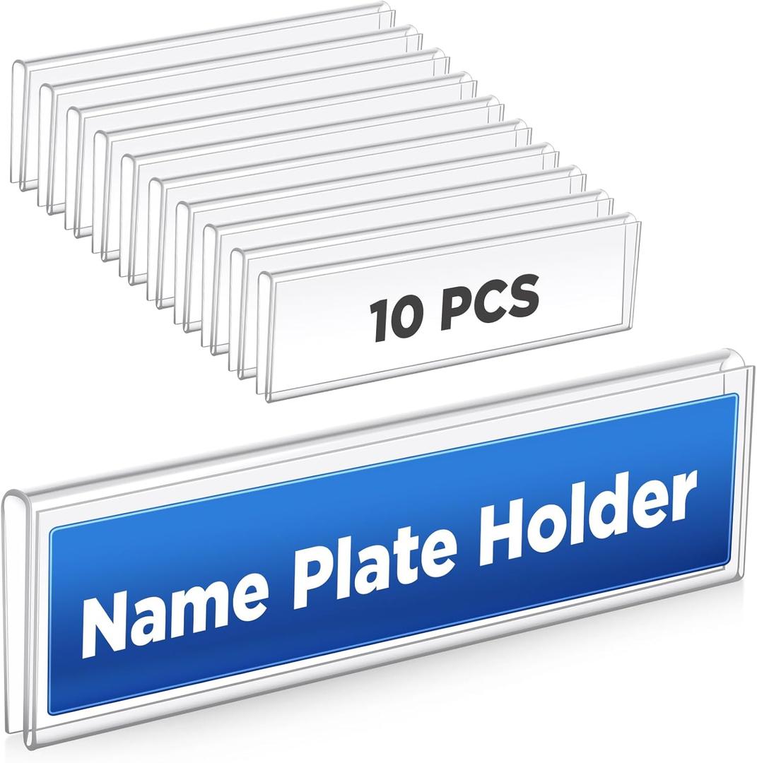 Wonderjune 10 Pack Plastic Cubicle Name Plate Holder 8.5" Wide x 2" High Glass Wall Name Plate Holder Clear Acrylic Sign Display Stand for Home Office Business (Suitable for 1/4" Cubicle Wall)