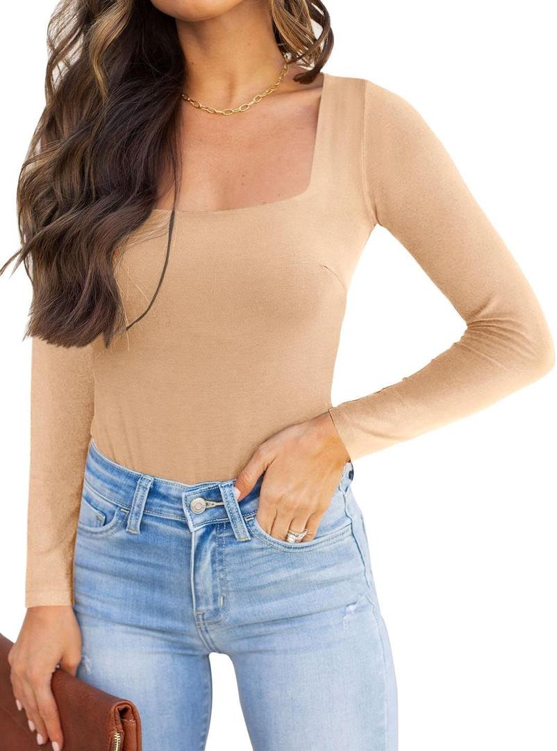 REORIA Womens Basic Sexy Square Neck Double Lined Long Sleeve Bodysuit Tops Jumpsuits (L)