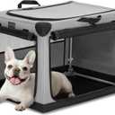 PETSFIT 26" Soft Portable Dog Crate Patented Spiral Sturdy Frame, Collapsible Travel Kennel for Small Dogs, 3 Mesh Door, Lockable Zippers, Indoor & Car Use Gray