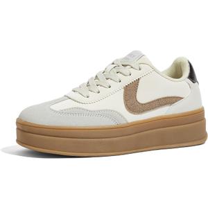 LUCKY STEP Women's Platform Fashion Sneakers Retro Casual Comfortable Walking Shoes Thick Sole Stylish Classic Tennis Trainers (9, Beige/Grey)