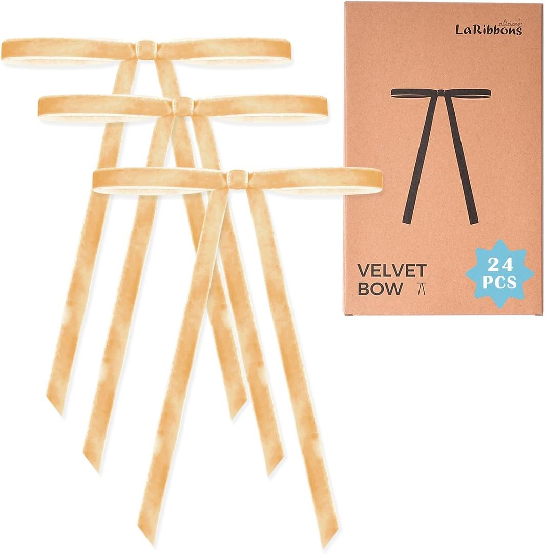 LaRibbons 24 Pcs Beige Velvet Bows for Christmas Tree, Door, Garland, Wreath, 3/8" Wide, 5"x7", Vintage Style