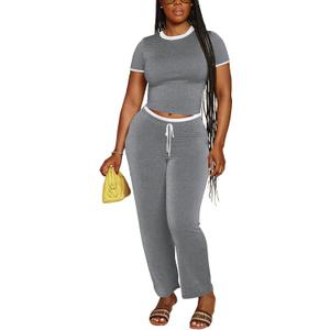 PINSV Women's 2 Piece Outfits Short Sleeve Tops and Long Pants Tracksuit Lounge Sets (Gray, XL)