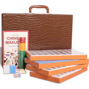 Chinese Mahjong Set, Mahjong Game Set with 146 Numbered Large Tiles (1.5", Blue), Mahjong Tiles Set with Brown Carrying Case
