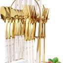 24 Pieces Flatware Set, Stainless Steel Cutlery Set with Silverware Holder, Modern Gold Silverware Set Includes Dinner Knives Forks Spoons,Hanging Silverware Set Service for 6 (White Gold)