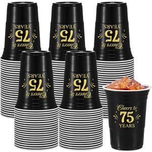 50 Pack 75th Birthday Decorations Birthday Cups 16 oz Disposable Plastic Gold and Black Cheers to 75 Years Cups for Men Women Hot Cold Drinks for Wedding Anniversary Supplies(Black)